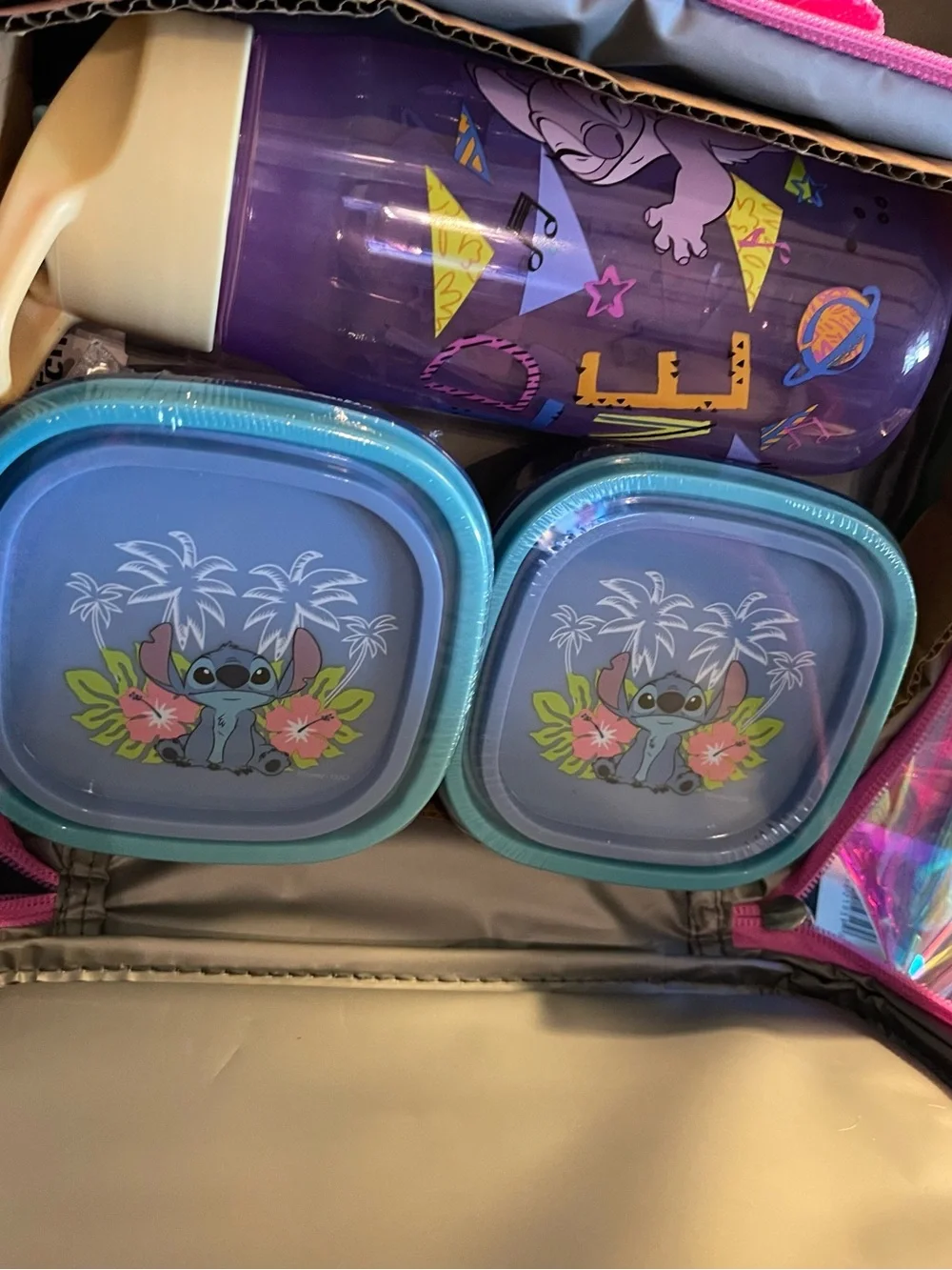 Disney Lilo and Stitch backpack bundle with pink and blue characters and flowers